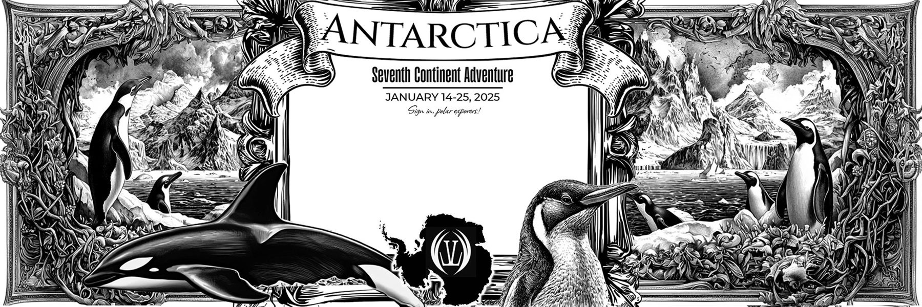 Black and white sign-in poster framed with penguins, orcas and icebergs