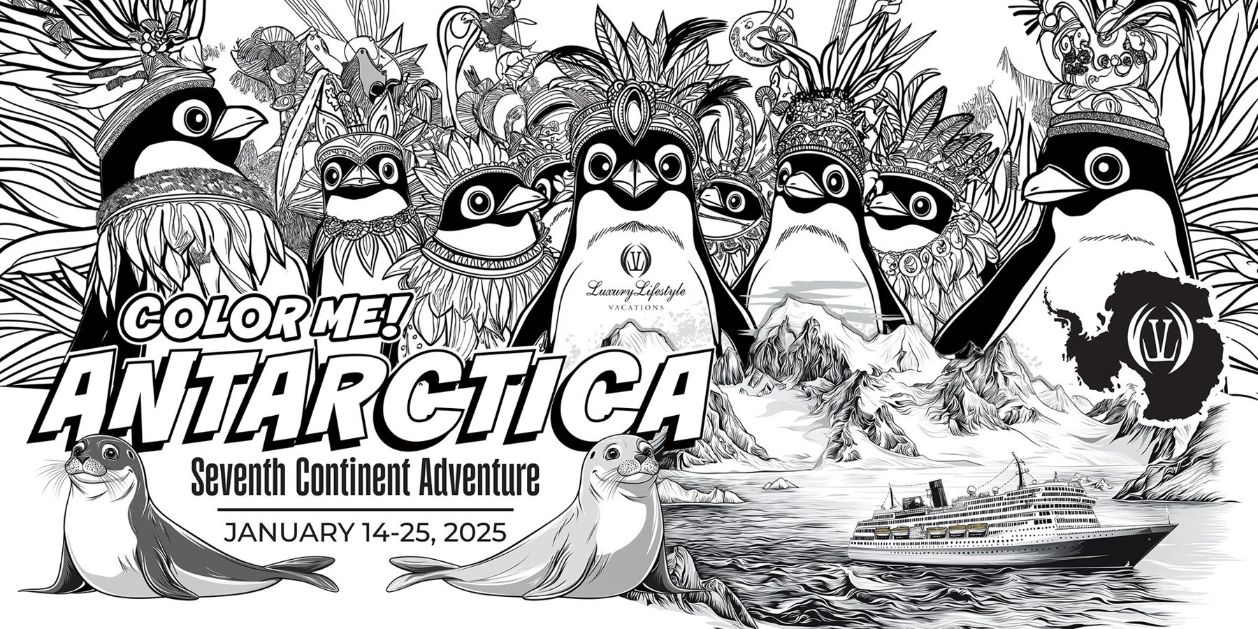 Black and white coloring poster of penguins in headdresses and an expedition ship