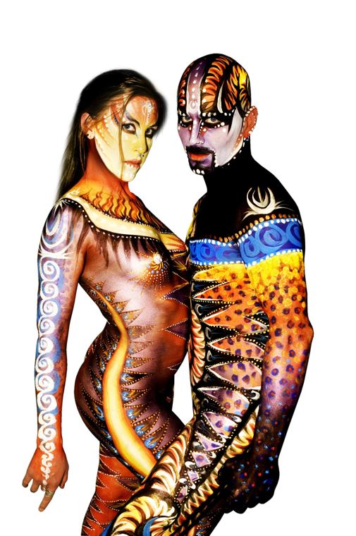 Couple painted in matching tribal designs