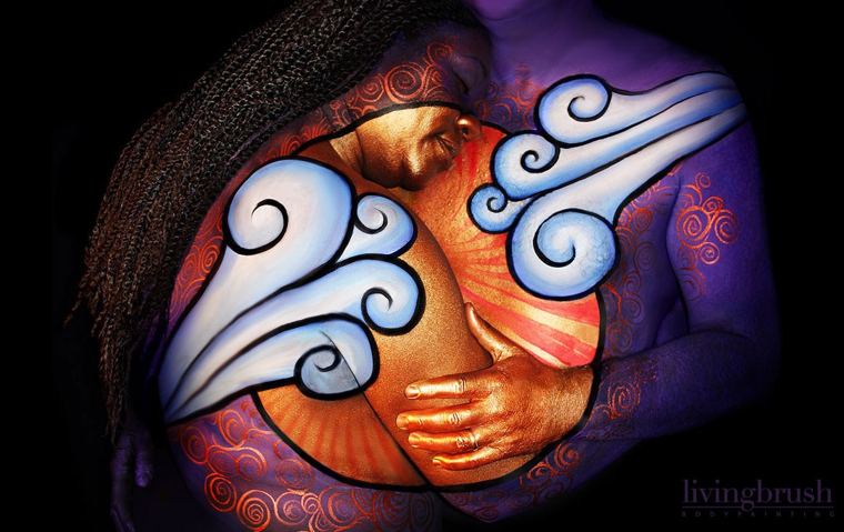 Close embrace painted in blue and violet clouds