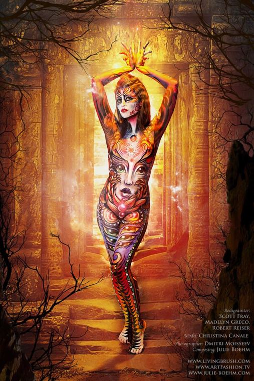 Bodypainted figure finished in a glowing autumn forest