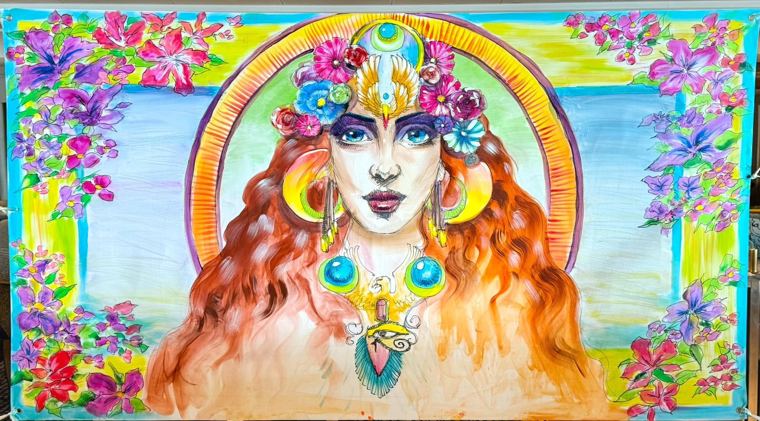 Banner of a goddess framed by flowers