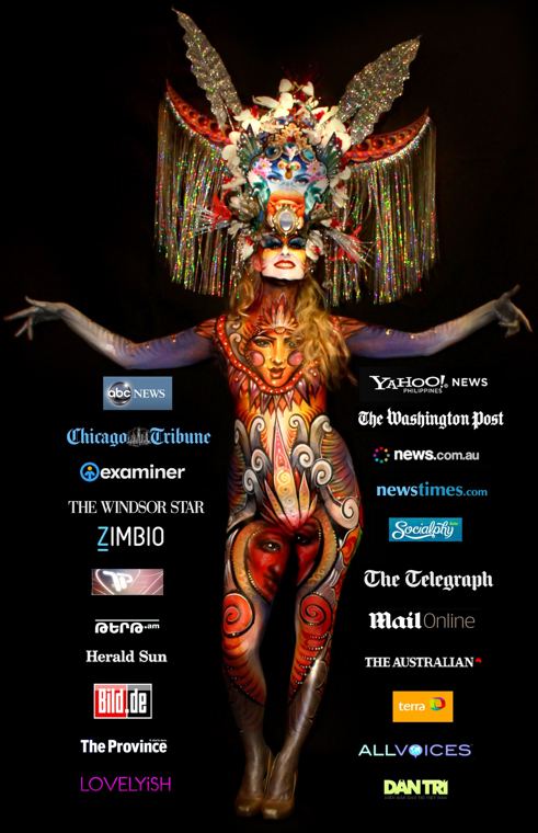 Bodypainted figure in a headdress beside the logos of news outlets that covered the work