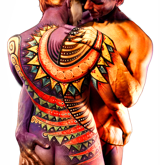 Couple embracing, painted as one design