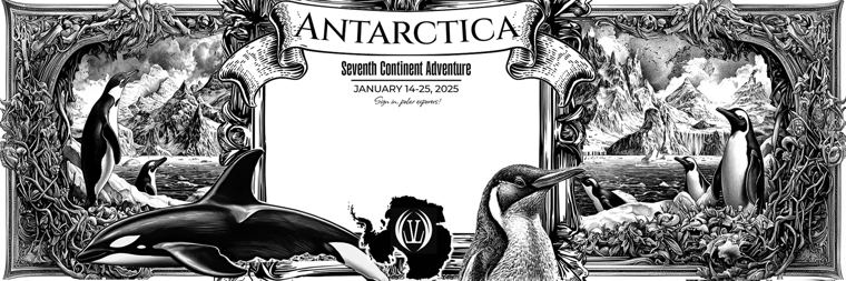 Black and white sign-in poster framed with penguins, orcas and icebergs