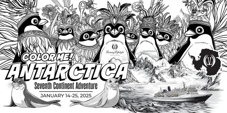 Black and white coloring poster of penguins in headdresses and an expedition ship