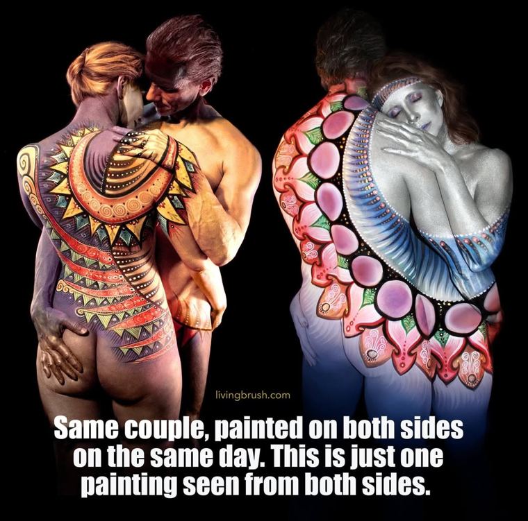 The same couple shown from the front and from the back, painted as one design in a single session