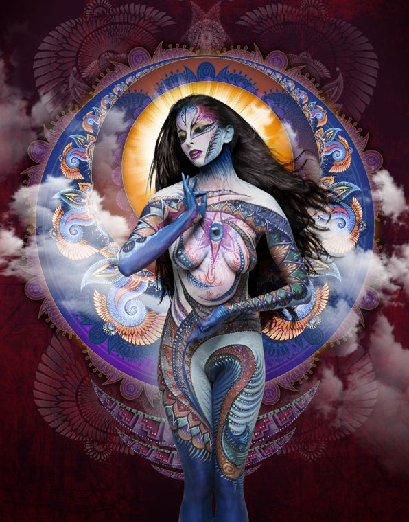 Bodypainting in blue and violet, finished with clouds and a golden halo
