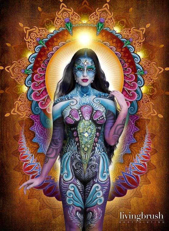 Bodypainting in blue and copper, finished with an ornamental halo