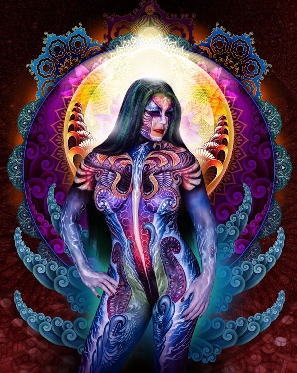 Bodypainting in violet and blue, finished with a moonlit halo