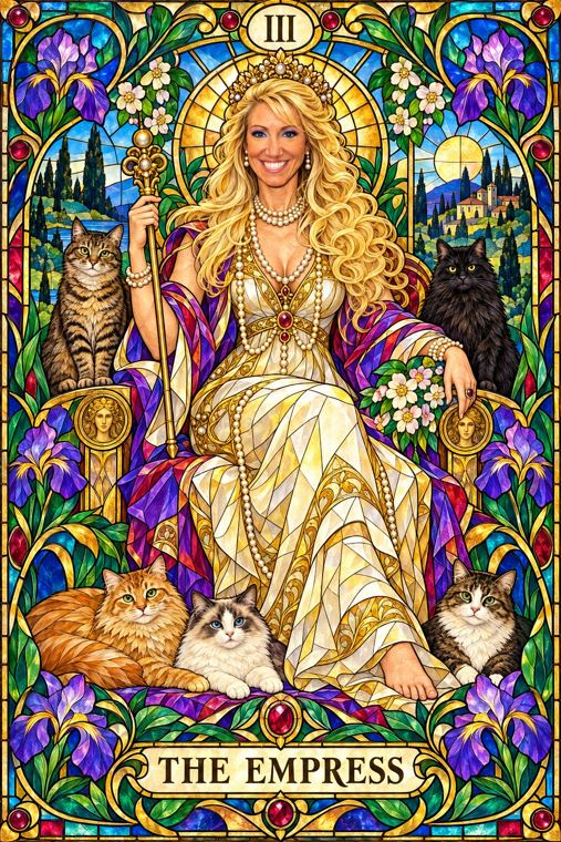 Stained-glass style portrait of a woman as the Empress, surrounded by cats