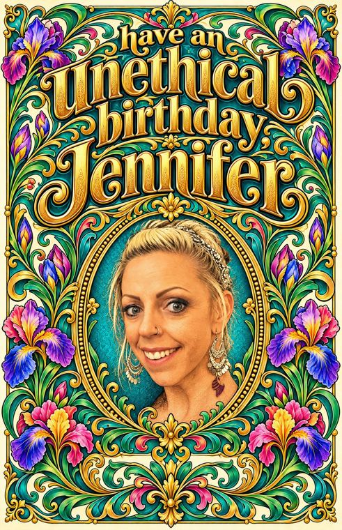 Art nouveau birthday portrait framed with irises