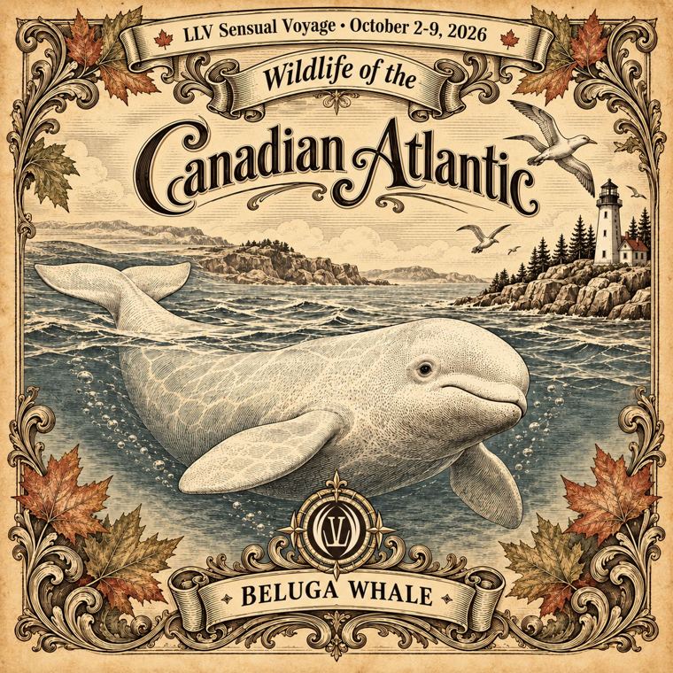 Vintage-style print of a beluga whale off a rocky coast with a lighthouse